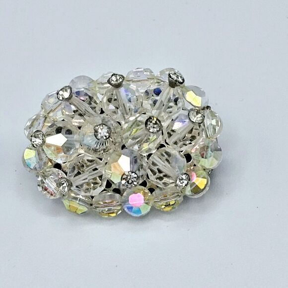 Vtg Wedding Brooch Crystal Rhinestone Accent Aurora Borealis Oval Estate Pin - Picture 8 of 9